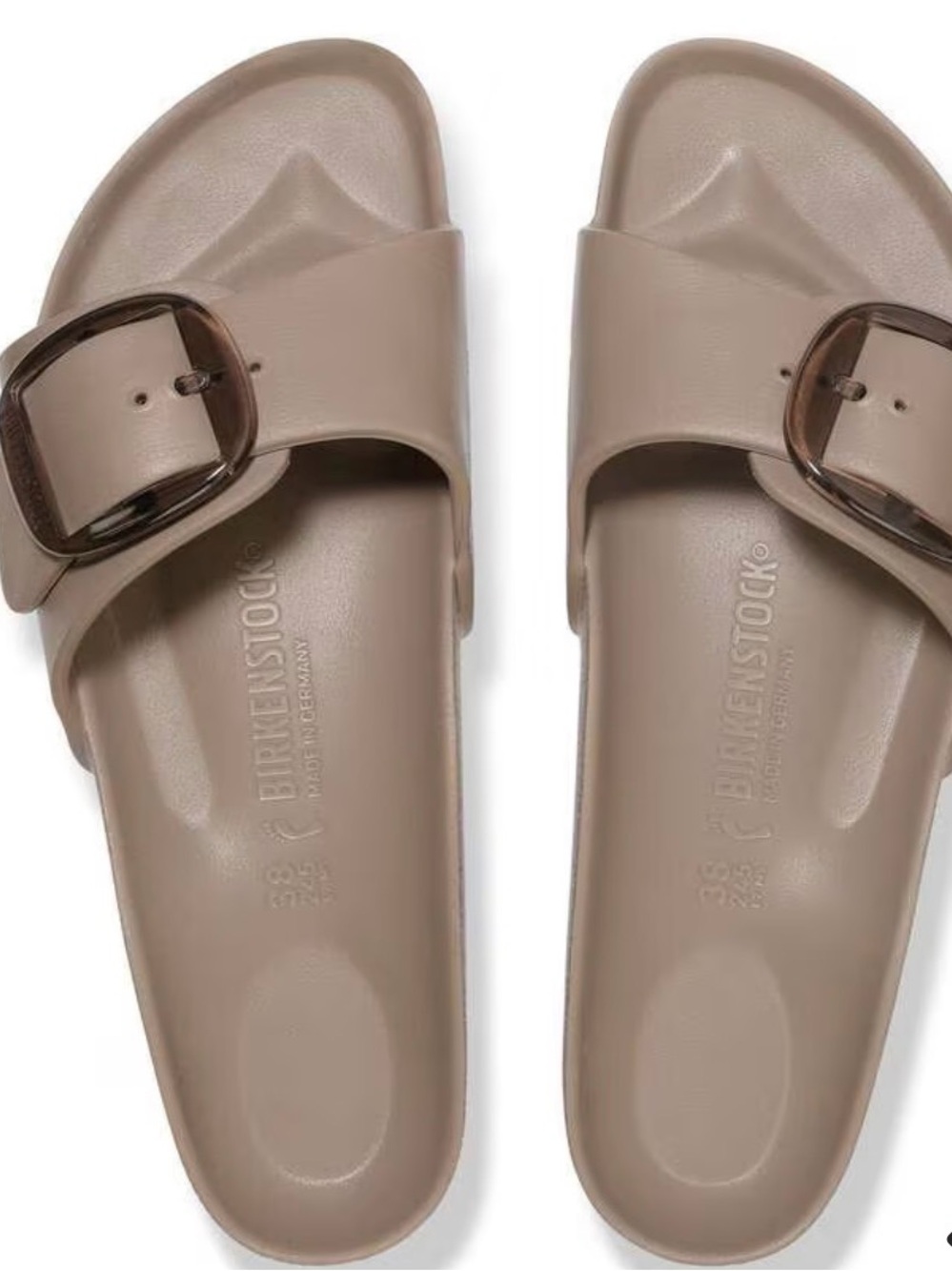 Birkenstock Women’s Madrid EVA Slide Sandals in Taupe Beige with Brown Buckle